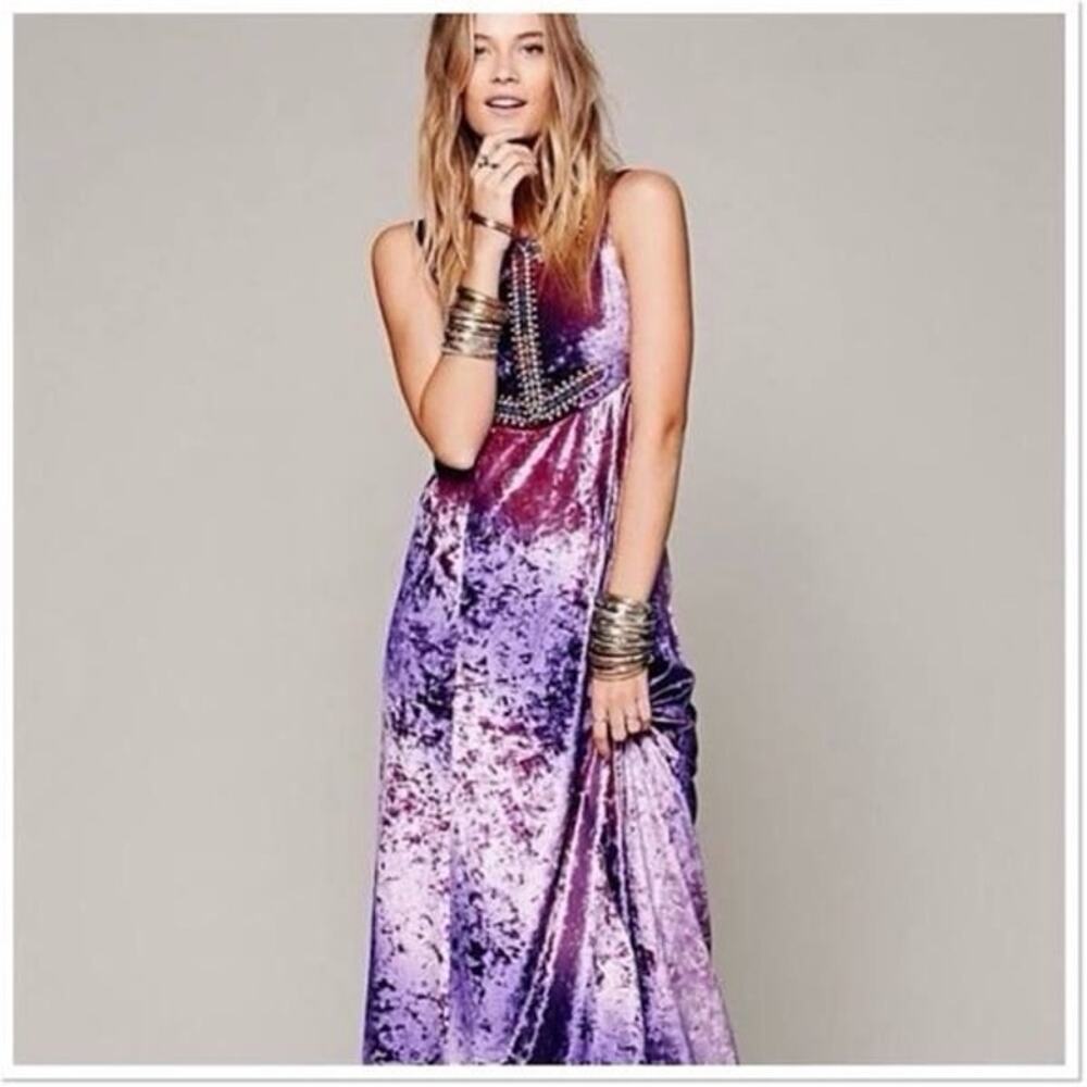 FREE PEOPLE Velvet Embroidered Unique Gradient Lavender Sleeveless Maxi Dress